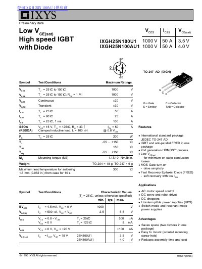 IXYS IXGH25N100U1/IXGH25N100AU1 Preliminary Data - cover page