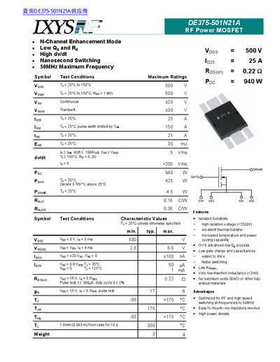 IXYS DE375-501N21A RF Power MOSFET Datasheet - cover page