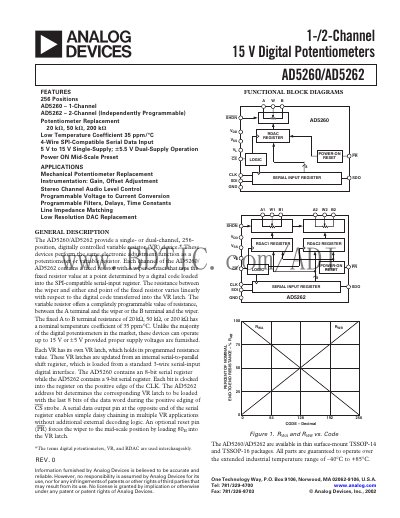 Analog Devices AD5260/AD5262 Digital Potentiometer Datasheet - cover page