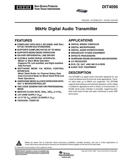 Texas Instruments DIT4096 Digital Audio Transmitter Datasheet - cover page