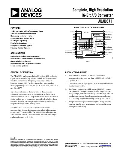 Analog Devices ADADC71 16-Bit A/D Converter Datasheet