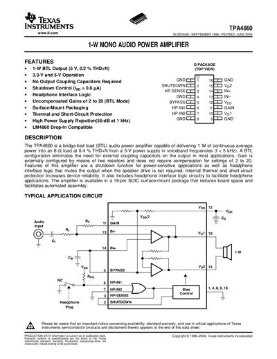 Texas Instruments TPA4860 SLOS164B 1-W Mono Audio Power Amplifier Datasheet - cover page