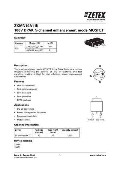Zetex ZXMN10A11K 100V DPAK N-channel MOSFET Datasheet - cover page