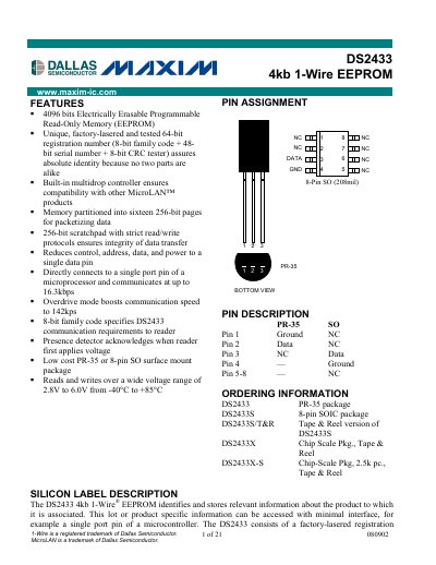 Maxim DS2433 1-Wire EEPROM Datasheet