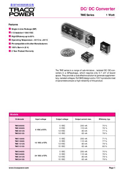 Traco Power TME Series 1‑Watt DC/DC Converter Product Leaflet - cover page
