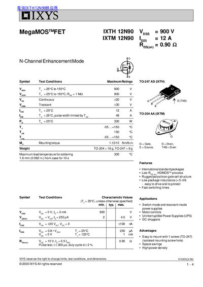 IXYS IXTH 12N90/IXTM 12N90 MOSFET Data Sheet - cover page