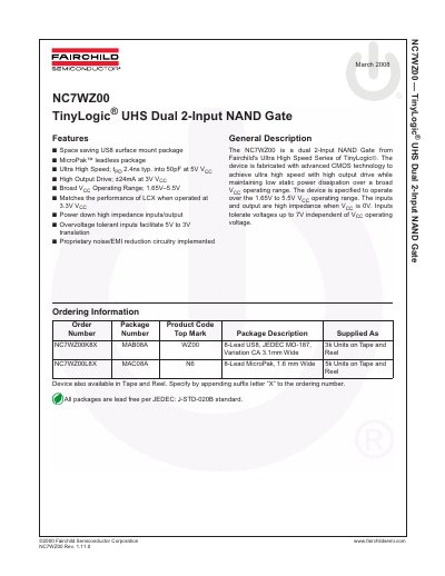Fairchild Semiconductor NC7WZ00 Dual 2-Input NAND Gate Datasheet - cover page