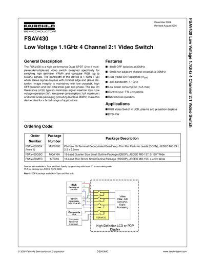 Fairchild FSAV430 Low Voltage 1.1GHz 4 Channel 2:1 Video Switch Datasheet - cover page