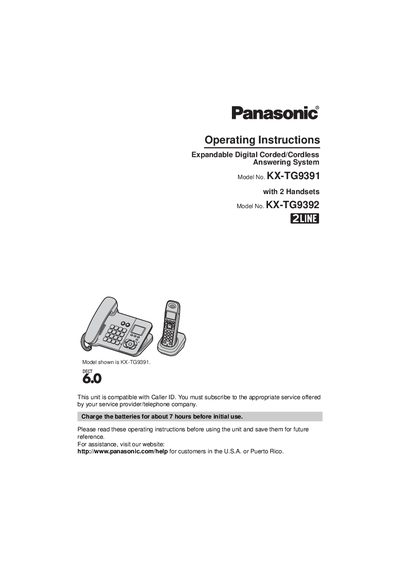 Panasonic KX-TG9391 Cordless Phone Operating Instructions - cover page