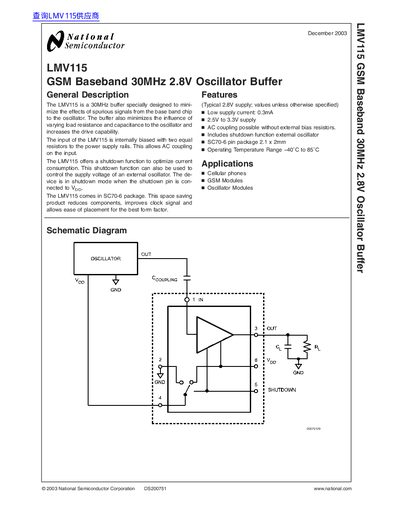 National Semiconductor LMV115 GSM Baseband Oscillator Buffer Datasheet - cover page