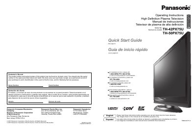 Panasonic TH-42PX75U/TH-50PX75U Plasma Television Operating Instructions