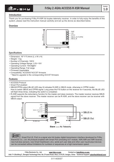 FrSky R-XSR Full Duplex Receiver Instruction Manual - cover page