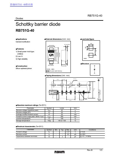 ROHM RB751G-40 Schottky Barrier Diode Datasheet - cover page