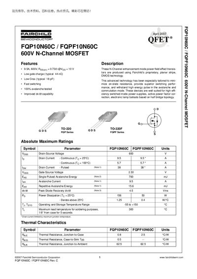 Fairchild FQP10N60C/FQPF10N60C Datasheet - cover page