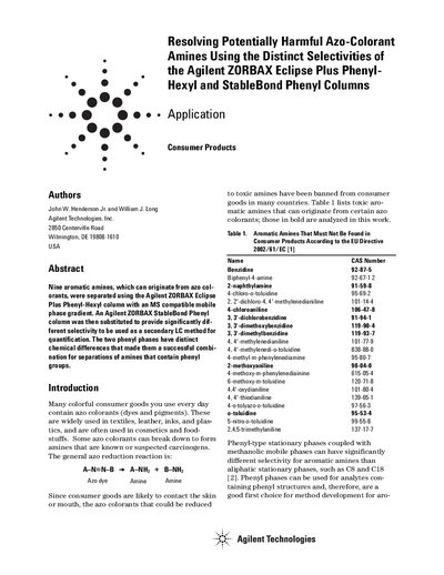 Agilent ZORBAX Eclipse Plus and StableBond Phenyl Columns Application Note - cover page