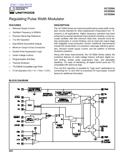 UNITRODE UC1526A/UC2526A/UC3526A Regulating Pulse Width Modulator Datasheet