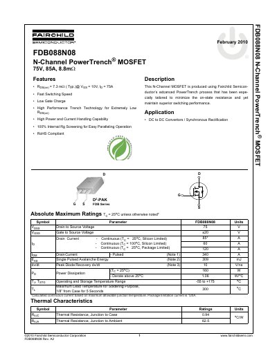 Fairchild FDB088N08 N-Channel MOSFET Datasheet - cover page