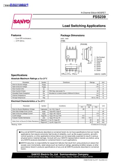 SANYO FSS239 N-Channel MOSFET Datasheet - cover page