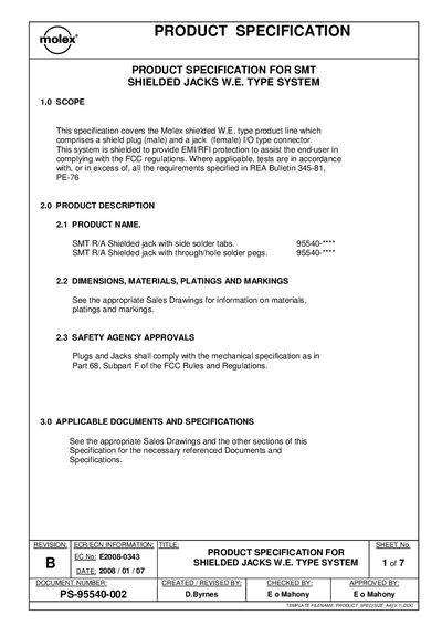 Molex SMT Shielded Jack W.E. Type System Product Specification - cover page