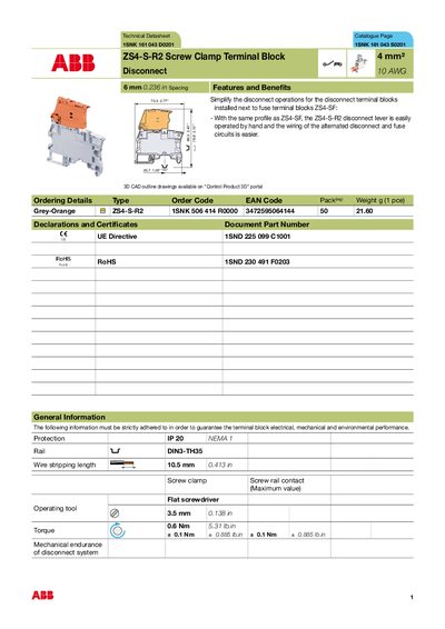 ABB ZS4-S-R2 Terminal Block Technical Datasheet - cover page