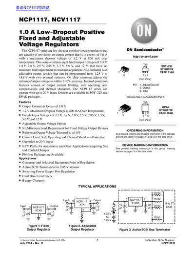 ON Semiconductor NCP1117/NCV1117 Low-Dropout Voltage Regulator Datasheet - cover page