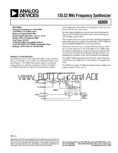 Analog Devices AD809 Frequency Synthesizer Datasheet - cover page