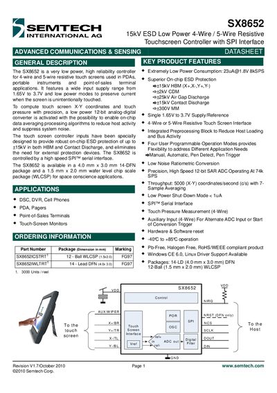 SEMTECH SX8652 Page 1 semtech.com 15kV ESD Low Power 4-Wire 5-Wire Resistive Touchscreen Controller with SPI Interface Manual - cover page