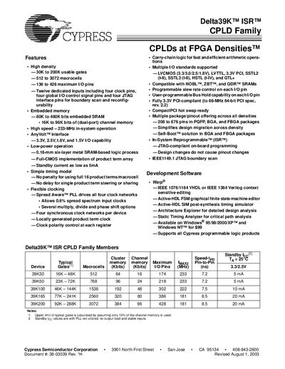 Cypress Delta39K ISR CPLD Family Manual - cover page
