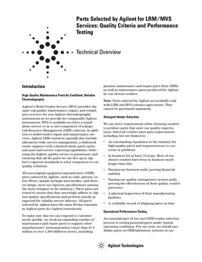 Agilent Parts Selected by Agilent for LRM/MVS Services Quality Criteria Performance Testing Manual - cover page