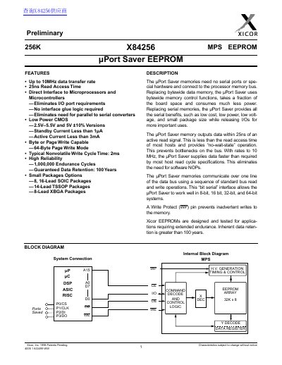 Xicor X84256 µPort Saver EEPROM Datasheet - cover page