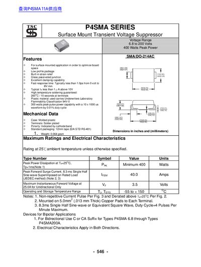 TSC P4SMA Series Surface Mount Transient Voltage Suppressor Datasheet - cover page