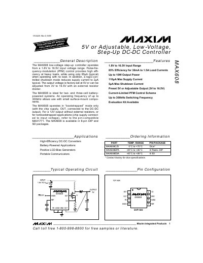 Maxim MAX608 Low-Voltage Step‑Up Controller Datasheet - cover page