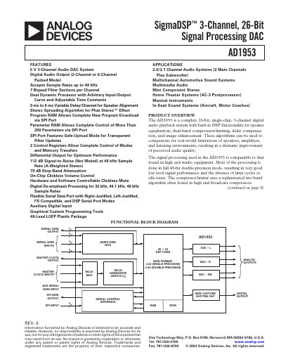 Analog Devices AD1953 3‑Channel Audio DAC Datasheet - cover page