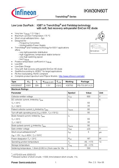 Infineon IKW30N60T IGBT Datasheet - cover page