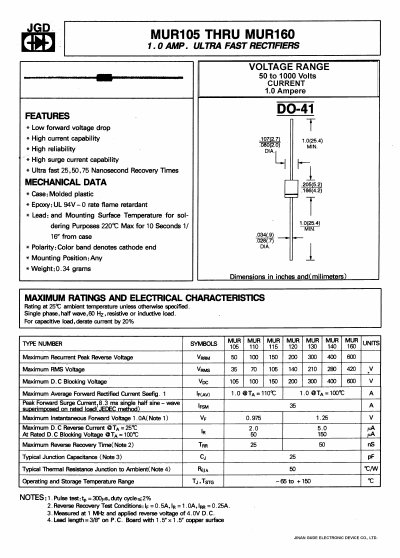 JGD MUR105 to MUR160 Ultra Fast Rectifiers Datasheet - cover page