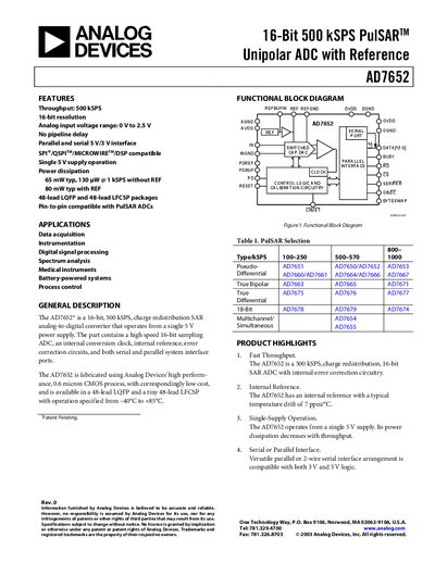 Analog Devices AD7652 Datasheet