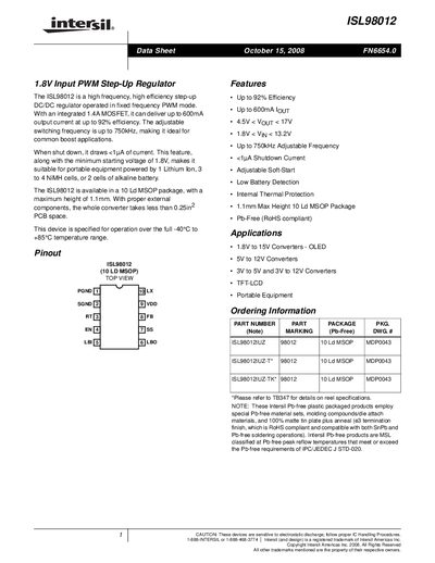 Intersil ISL98012 Datasheet - cover page