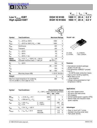 IXYS IXGH 10N100 IGBT Data Sheet - cover page