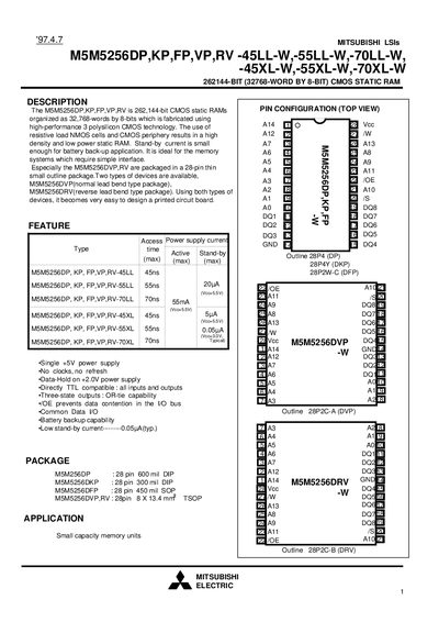 MITSUBISHI LSIs M5M5256DP KP FP VP RV -45LL-W -55LL-W -70LL-W -45XL-W -55XL-W -70XL-W - cover page