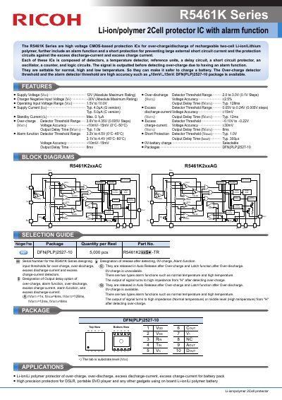Ricoh R5461K Series Li-ion/polymer Protector IC Datasheet - cover page