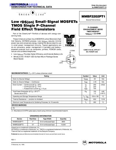 Motorola MMBF2202PT1 P-Channel MOSFET Datasheet - cover page