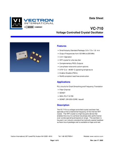 Vectron VC-710 Voltage Controlled Crystal Oscillator Datasheet - cover page