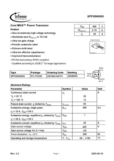 Infineon SPP20N60S5 Cool MOS Power Transistor Datasheet - cover page
