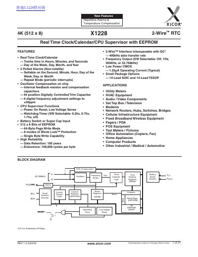 Xicor X1228 Real Time Clock Datasheet - cover page
