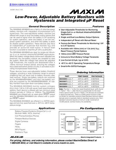 Maxim MAX6846/MAX6849 Battery Monitor Datasheet - cover page