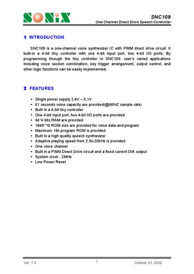 SONiX SNC109 One Channel Direct Drive Speech Controller Datasheet - cover page