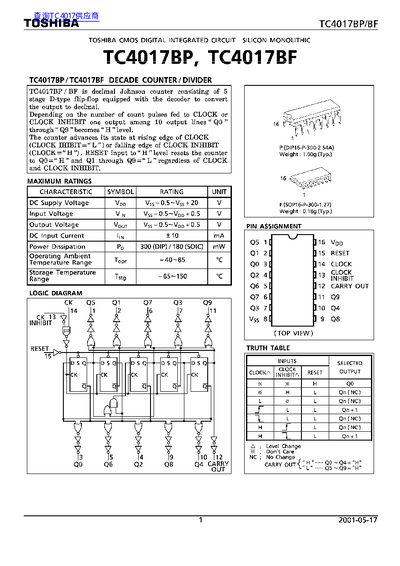 Toshiba TC4017BP/TC4017BF Decade Counter Datasheet - cover page