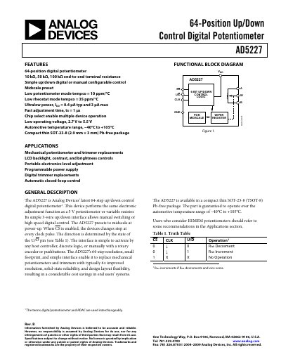 Analog Devices AD5227 64-Position Digital Potentiometer Datasheet