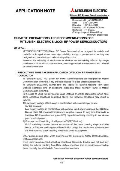 Mitsubishi Electric Silicon RF Power Semiconductors Application Note - cover page