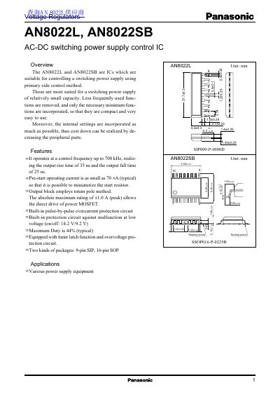 Panasonic AN8022L/AN8022SB AC-DC Switching Power Supply Control IC Datasheet - cover page